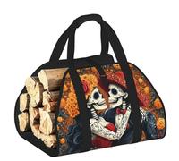 Large Marigold-Romantic-Dead-Skeletons Firewood Carrier Bag, 600d Oxford Cloth Log Tote With Reinforced Handles, Open-End Wood Hauling Bag For Fireplace, Wood Stove, Camping And Outdoor Storage