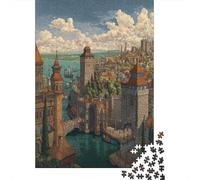 Large Medieval City Jigsaw Puzzles. 38x26cm/1000pcs Port And Large Fortress Gate Whimsical Challenge Toy for Educational Games Gifts