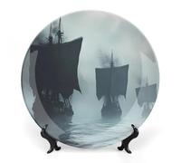 Large Medieval Ships Sailing Boat Bone China Decorative Plate with Display Stand Ceramic Dinner Plates Wall Decor for Home Kitchen 10inch
