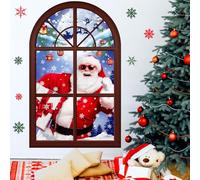 Large Merry Christmas Wall Decals Funny Santa Claus Stickers 3D Xmas Fake Window Wall Decals Peel and Stick Reindeer Snowflakes Winter Wall Stickers for Kids Room Living Room Party Supplies Gift Decor