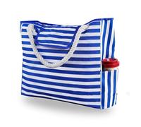 Large Mesh Beach Bag,Eco-Friendly Beach Bag Casual Striped Canvas Bag For Women Large Capacity Shoulder Bag Daily Shopping Totes Student Bookbag For School Travel Beach Bag(Blue White Stripe)