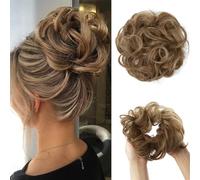 Large Messy Bun Hair Piece, Wavy Curly Scrunchies, Synthetic Chignon Ponytail Hair Extensions for Instant Volume, Thick Updo Hairpieces for Women Brunette/Ash Blonde(12-24)