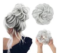 Large Messy Bun Hair Piece, Wavy Curly Scrunchies, Synthetic Chignon Ponytail Hair Extensions for Instant Volume, Thick Updo Hairpieces for Women Brunette/Ash Blonde(Gray Silver)
