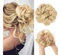 Large Messy Bun Hair Piece, Wavy Curly Scrunchies, Synthetic Chignon Ponytail Hair Extensions for Instant Volume, Thick Updo Hairpieces for Women Brunette/Ash Blonde(86-613)