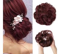 Large Messy Bun Hair Piece, Wavy Curly Scrunchies, Synthetic Chignon Ponytail Hair Extensions for Instant Volume, Thick Updo Hairpieces for Women Brunette/Ash Blonde(Wine)