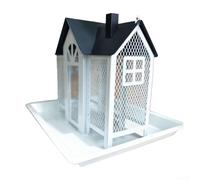 Large metal bird feeder in a house shape, suitable for hanging on trees or hooks, sturdy iron build for reliable outdoor bird feeding (white)