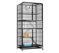 Large Metal Cat Cage on Locking Wheels, Exquisite Cat Villa with Pull-Out Litter Tray, Platforms Cozy Hideout(Black,85 * 60 * 181cm)