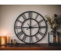 Large Metal Clock | Black Silent Non Ticking Roman Numerals Hanging Clocks | Wall Mounted, Round, Vintage Look For Kitchen, Living Room, Bedroom, Home Decor, Office, Indoor & Outdoor Clock (60cm)