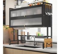 Large Metal Dish Drying Rack for Kitchen Sinks - 3-Tier Over the Sinkwith Magnetic Lid Double Layer Design 105cm/41in Space-Saving Black Cabinet