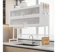 Large Metal Dish Drying Rack Over Sink - 3-Tier Kitchenwith Magnetic Lid Double Layer 85cm/33in Space-Saving Cabinet for Efficient Drying and Storage (White)