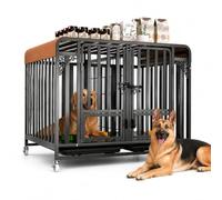 Large metal dog crate with divider, double feeding doors, removable tray, lockable indoor dog house with top storage shelf