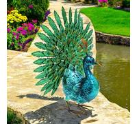 Large Metal Garden Bird Statue - Handcrafted Weather-Resistant Rooster, Hen & Peacock Ornaments | Farmhouse Outdoor Décor for Garden, Patio & Lawn (Peacock)