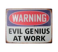 Large Metal Warning Wall Sign 'Evil Genuis At Work' - Perfect for Man Cave, Games Room, Shed, or Garage, Distressed Style Plaque