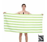 Large Microfibre Beach Towel for Adult,160x90cm Double Side Green Striped Sand Free Beach Towel,Lightweight Quick Dry Travel Swim Towel with Bag,Compact and Thin Sports Towel Yoga Gym for Women Men