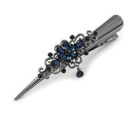 Large Midnight Blue Crystal Flower with Dangle Hair Beak Clip/Concord Clip In Black Tone - 13cm L
