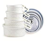 Large Mixing Bowls with Airtight Lids, Classic White Porcelain Embossed Nesting Salad Bowls for Baking and Cooking, 12/16/28/40oz Serving Bowls Set of 4, Oven and Dishwasher Safe, Thanksgiving Gift