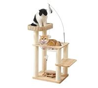 Large Modern Cat Tree, Multi Level Pussy Tower, Activity Indoor Kitty Condo with Widened Perch, Natural Solid Wood Scratching Post for Kittens Cats and Pets(85.5cm)