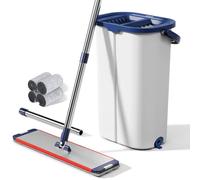 Large Mop and Bucket with Wringer Set for Home, Hands Free Flat Floor Mop and Bucket System with 4 Washable Microfiber Pads, Wet and Dry Use, Mops for Floor Cleaning, Two Bucket Mop System