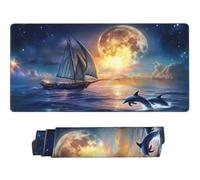 Large Mouse Mat 900 x 400 mm, Full Moon Sailboat Mouse Pad Gaming Keyboard Mousemat 35.4 x 15.7 inch, XXL Mousepad Dolphin Desk Mat Non-Slip Rubber Base for Laptop, Computer, Office, Home -MP650