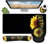 Large Mouse Pad, Ergonomic Mouse Pad with Wrist Rest and Keyboard Wrist Rest 4 in 1 Set, 31.5 x11.8 inch Extended Desk Pad for Home Office, Sunflower Christian Proverbs 31:25 Black Gaming Mouse Mat