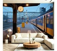 Large Multicoloured Wall Mural 250 x 175 cm, Vintage Clock Train Station Not Peel and Stick Wall Covering Wallpapers for Bedroom Living Room Hallway Sofa Backdrop, Vintage Nostalgia 3D Wall Decor