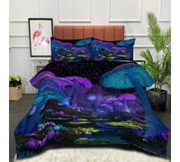 Large Mushroom All Season Duvet - 200x200cm Coverless Duvet Alien Landscape Reversible Down Alternative Cosy and Lightweight with Pillowcases, Blue-Purple