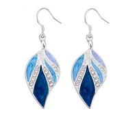 Large Navy Blue Leaf Hook Earrings, Gradient Enamel Art Deco Jewelry