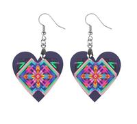 Large Neon Color Pattern Wooden Earrings for Women, Vintage Elegant Wood Jewelry, Lightweight Earrings for Wedding, Party, Everyday Jewelry Gift, Love, Wood, wood