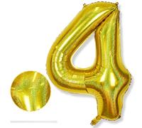 Large Number 4 Balloons, 40 Inch Laser Gold Helium 4 Balloons for Kids 4 Year Old Birthday Decor, Self Inflating Foil Globos Dorados Balloon for Boy 4th Birthday Anniversary Party Decorations Supplies