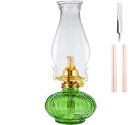 Large Oil Lamp for Indoor Use,Rustic Kerosene Lamp with 2 Pcs Wicks and 1 Tweezers,Glass Hurricane Lantern for Home Emergency Lighting (Green)