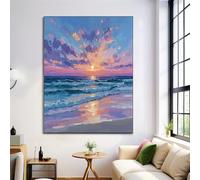 Large Oil Painting Landscape Painting Art Purple-Blue Sunset Ocean Poster Canvas Painting For Living Room Wall Art Pictures Home Decorative Aesthetics 32x47in Unframed