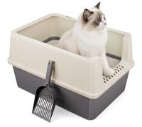 Large Open Top Cat Litter Tray with Scoop, High-Sided Cat Litter Box, Detachable Rim for Easy Cleaning, Plastic Cat Toilet, 47 x 33 x 34 cm, (Dark Grey)