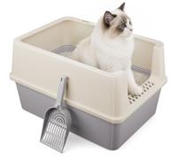 Large Open Top Cat Litter Tray with Scoop, High-Sided Cat Litter Box, Detachable Rim for Easy Cleaning, Plastic Cat Toilet, 47 x 33 x 34 cm, (Light Grey)