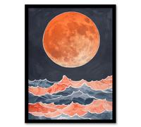 Large Orange Full Moon Over Pink Blue Ocean Waves Framed Art Print Artery8 Orange W12 inch x H16 inch