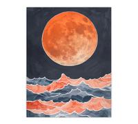 Large Orange Full Moon Over Pink Blue Ocean Waves Wall Art Print Artery8 Orange W24 inch x H32 inch