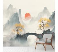 Large Oriental Ink Painting Wallpaper, Bridge Stream Mountain Tree Wall Murals PVC Waterproof, Nature Landscape Mural Peel and Stick Wall Decals for Living Room 390x260 cm