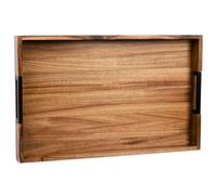 Large Ottoman Tray for Living Room and Coffee Table, Decorative Acacia Wood Serving Tray with Metal Handles for Breakfast in Bed, Dinner Food Kitchen TV (Natural, 24" x 15" x 2")