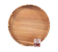 Large Ottoman Tray Round, 20" Extra Large Wooden Serving Tray with Handles, Acacia Wood Decorative Tray Wooden Trays for Living Room Ottoman, Food Serving, Breakfast, Dinner, Appetizers