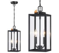 Large Outdoor Pendant Light 2-Light, 15'' Dusk to Dawn Modern Black Metal Outside Chandelier Exterior Hanging Fixture Ceiling Mount with Clear Glass for Front Porch Entrance Foyer Entryway, 1 Pack