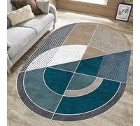 Large Oval Area Rug - Washable Non-Slip Short Pile Carpet with Modern Geometric Design