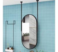 Large Oval Hanging Bathroom Mirror - Metal Ceiling Mounted Vanity Makeup Mirror with Double Booms, Decorative Floating Design, Black