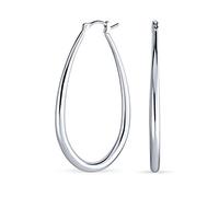 Large Oval Polished Finish Tube Hoop Earrings For Women .925 Sterling Silver Hinged Notched Post 2 Inch