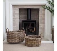 Large Oval Rattan Storage Basket with Handles, Woven Log Holder, Grey-Brown Decorative Container