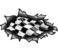 Large OVAL RIPPED OPEN TORN CARBON FIBER FIBRE Effect Design With Flying B&W Chequered Checkered Racing Flag Motif Vinyl Car Sticker 200x120mm