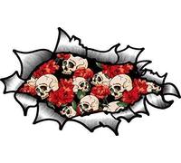 LARGE OVAL RIPPED OPEN TORN METAL Effect Design With Colour Tattoo Style Gothic Skull & Roses Vinyl Car Sticker 200x120mm