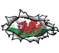 LARGE OVAL RIPPED OPEN TORN METAL Effect Design With Wales Welsh Dragon CYMRU Flag Vinyl Car Sticker 200x120mm