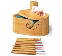 Large Oval Yarn Bowl Set with Lid, Wooden Holder with 9pcs Knitting Hooks, Yarn Storage with Phone Stand & Crochet Accessories, Double Curling Slot, Ideal Gift for Crochet Lovers