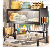 Large Over the Sink Dish Drainer Drying Rack - Carbon Steel Sink Rack with Flip Door, Drainers Organizer for Kitchen Counter Storage Dish Drying Rack
