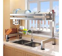 Large Over-The-Sink Dish Drying Rack - 304 Stainless Steel, Multifunctional Utensil Holder, Space-Saving, Partitioned Storage, Sturdy Load-Bearing, Silver (21.6in/55cm)