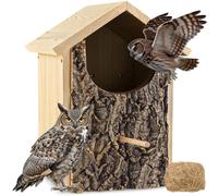 Large Owl House with Real Bark, Easy Assembly Wood Owl Nesting Box for Outdoors, Barred and Screech Bird Nesting Box for Garden Yard and Wildlife Habitat Mounting Screws & Coconut Fiber